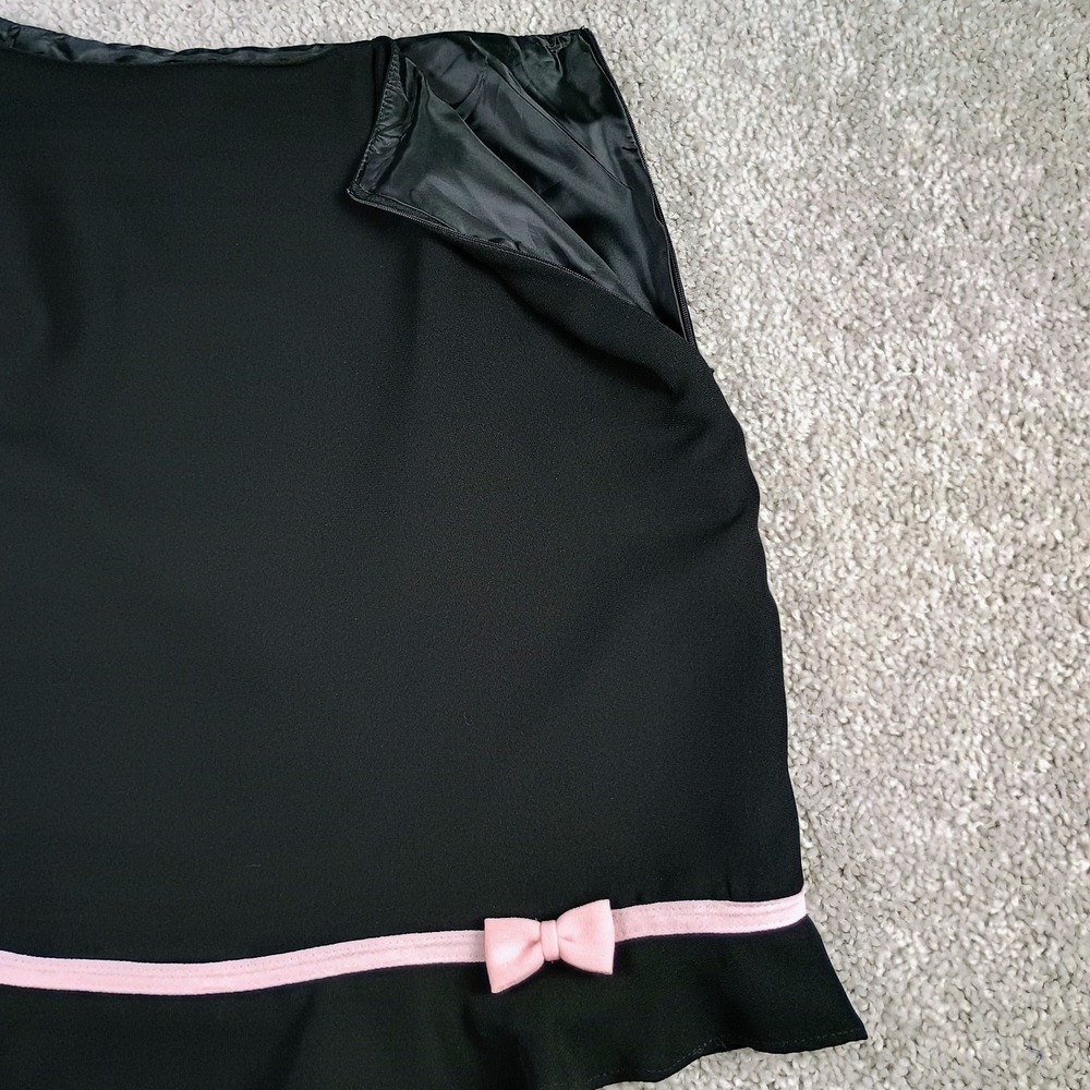 Vintage Y2K Michele Black Mini Skirt Pink Bow Trim Ruffle Hem Coquette Petite 8P - Picture 2 of 7